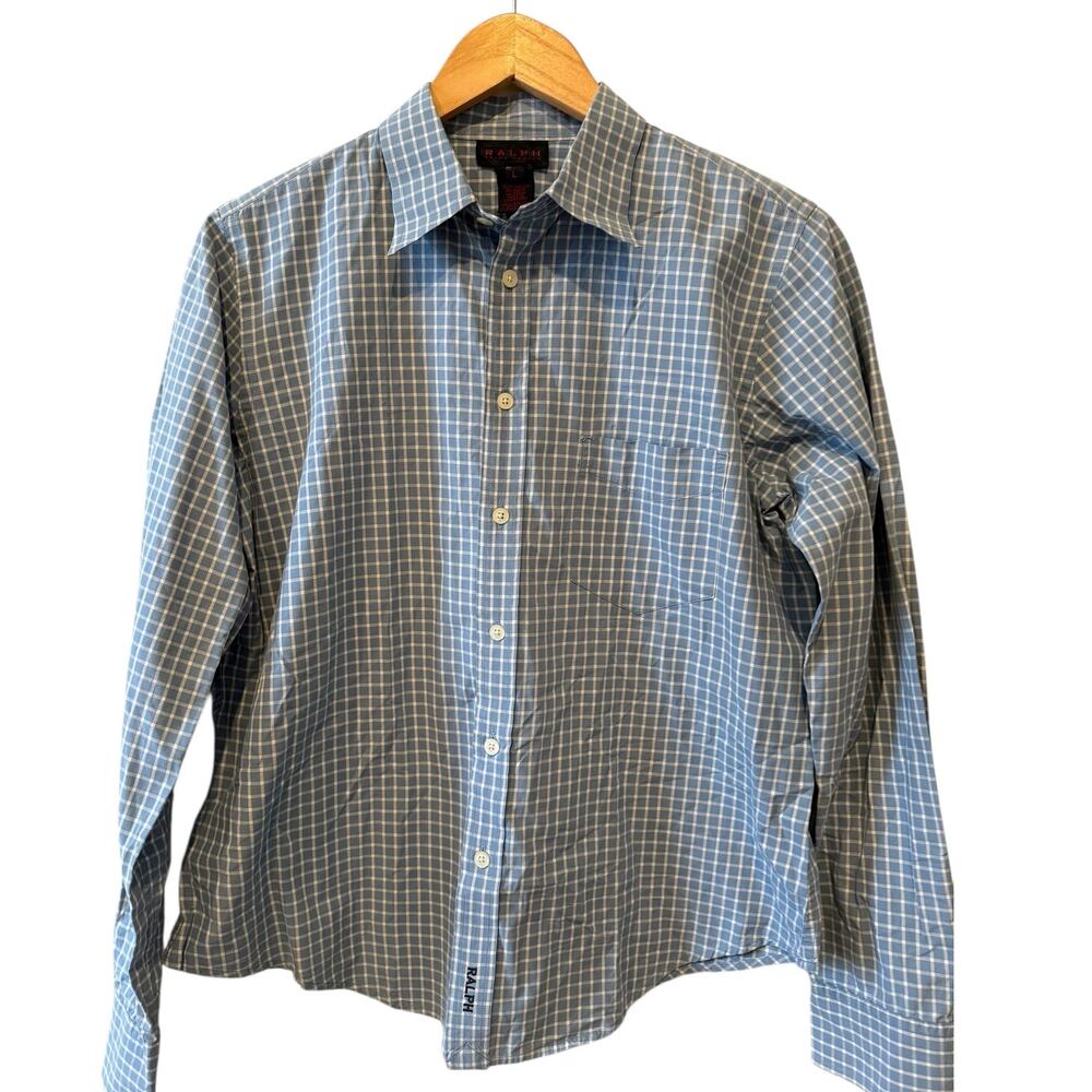 Ralph Lauren Button Front Shirt Cornflower Blue Windowpane Check L